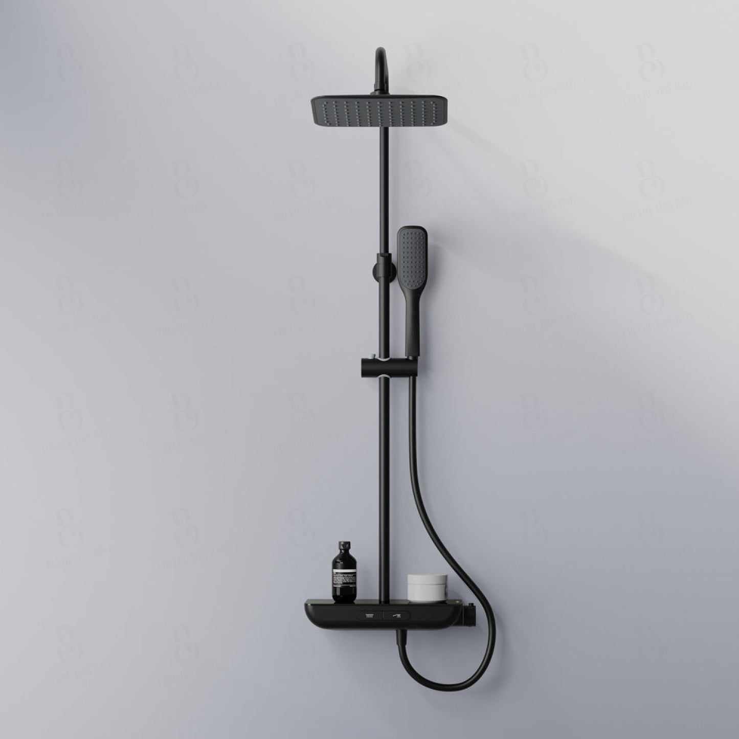 Steinberg Duschsystem - Schwarz Matt - mit Glasablage - Thermostat - Regenbrause - Stabhandbrause