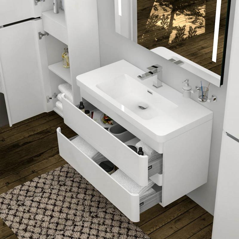 Treos Serie 920 Waschtisch mit Waschtischunterschrank mit 2 Auszügen weiß Lack Breite 90 cm