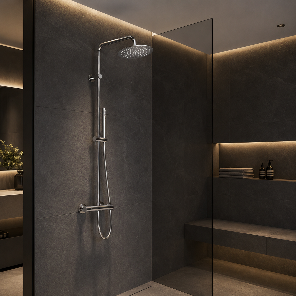 Steinberg Duschsystem - Brushed Gold - Serie 101 - mit Thermostat - Regenbrause rund und Stabhandbrause