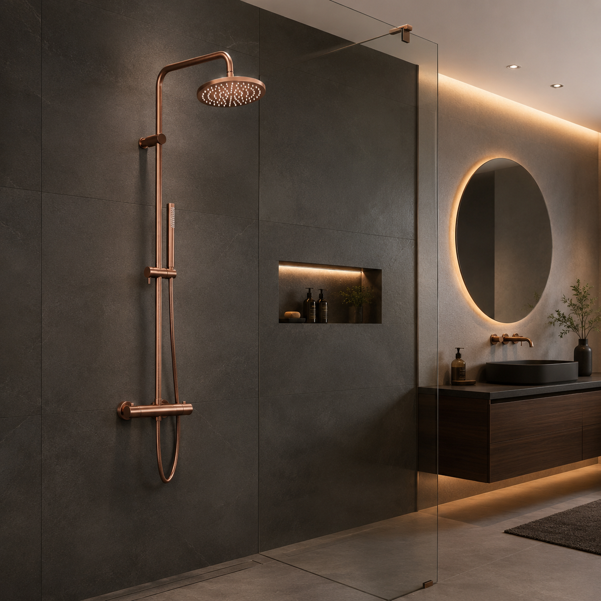 Steinberg Duschsystem - Brushed Gold - Serie 101 - mit Thermostat - Regenbrause rund und Stabhandbrause