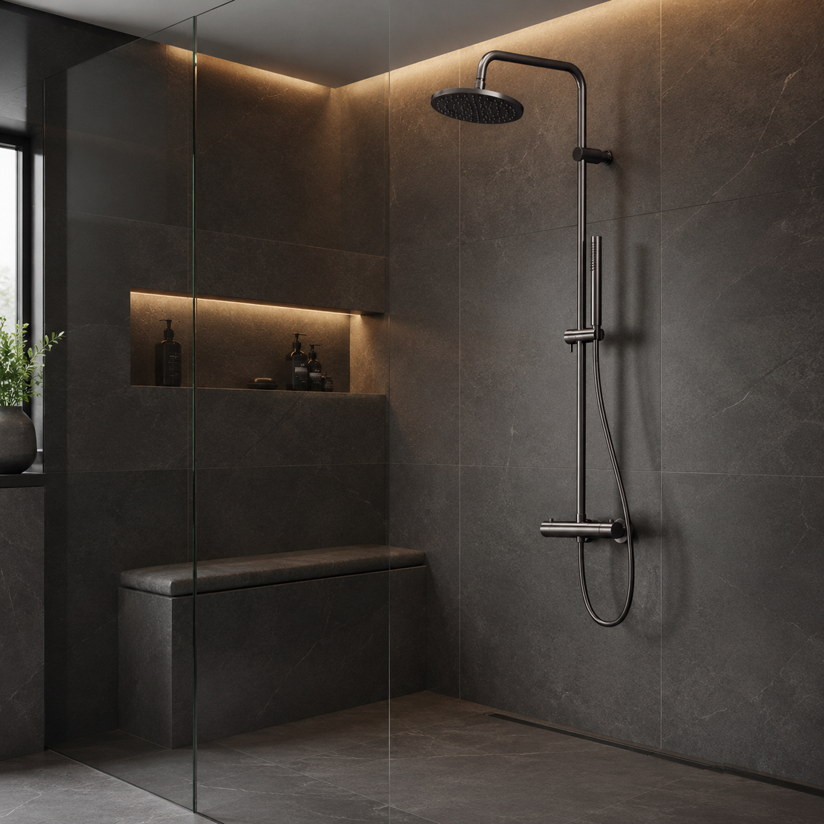 Steinberg Duschsystem - Brushed Gold - Serie 101 - mit Thermostat - Regenbrause rund und Stabhandbrause