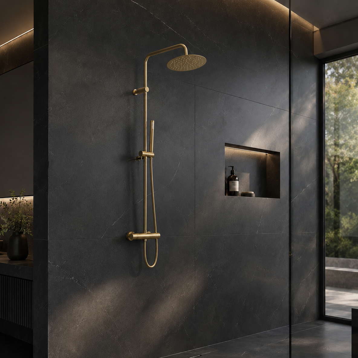 Steinberg Duschsystem - Brushed Gold - Serie 101 - mit Thermostat - Regenbrause rund und Stabhandbrause
