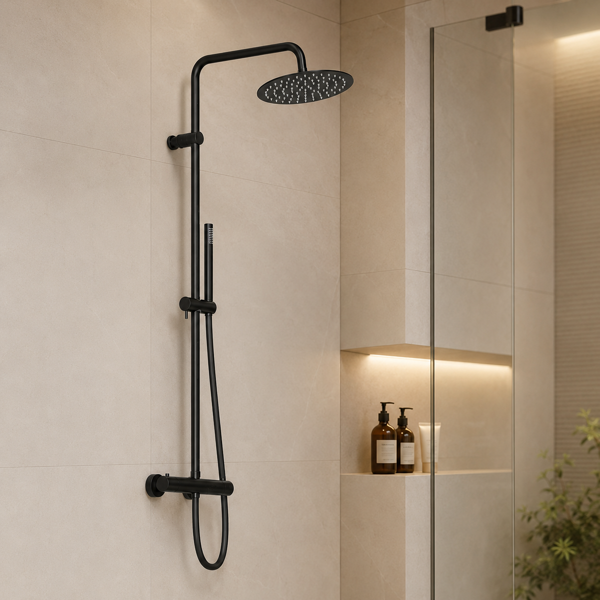 Steinberg Duschsystem - Brushed Gold - Serie 101 - mit Thermostat - Regenbrause rund und Stabhandbrause