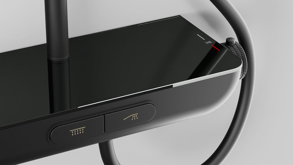 Steinberg Duschsystem - Schwarz Matt - mit Glasablage - Thermostat - Regenbrause - Stabhandbrause