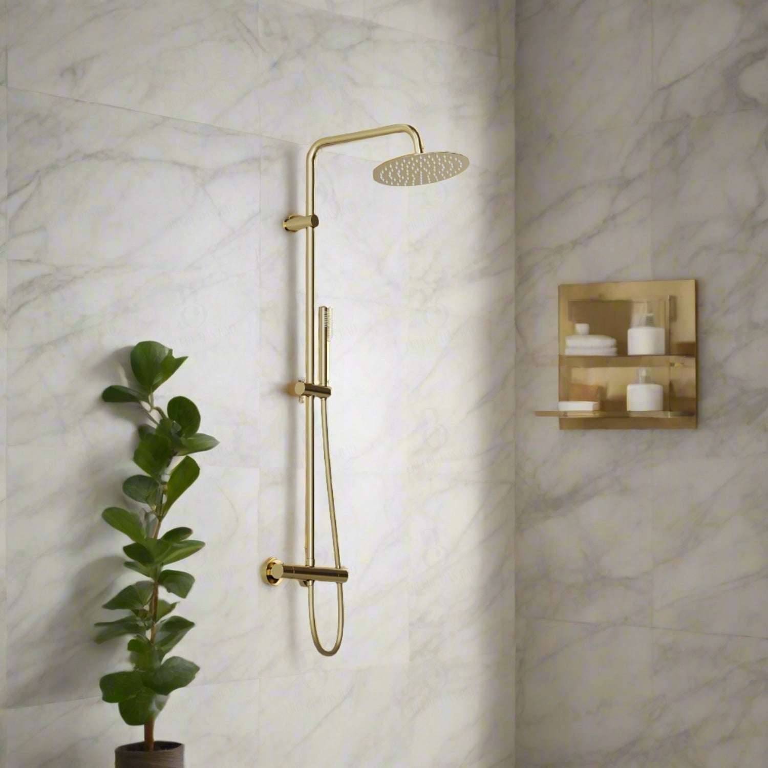 Steinberg Duschsystem - Brushed Gold - Serie 101 - mit Thermostat - Regenbrause rund und Stabhandbrause