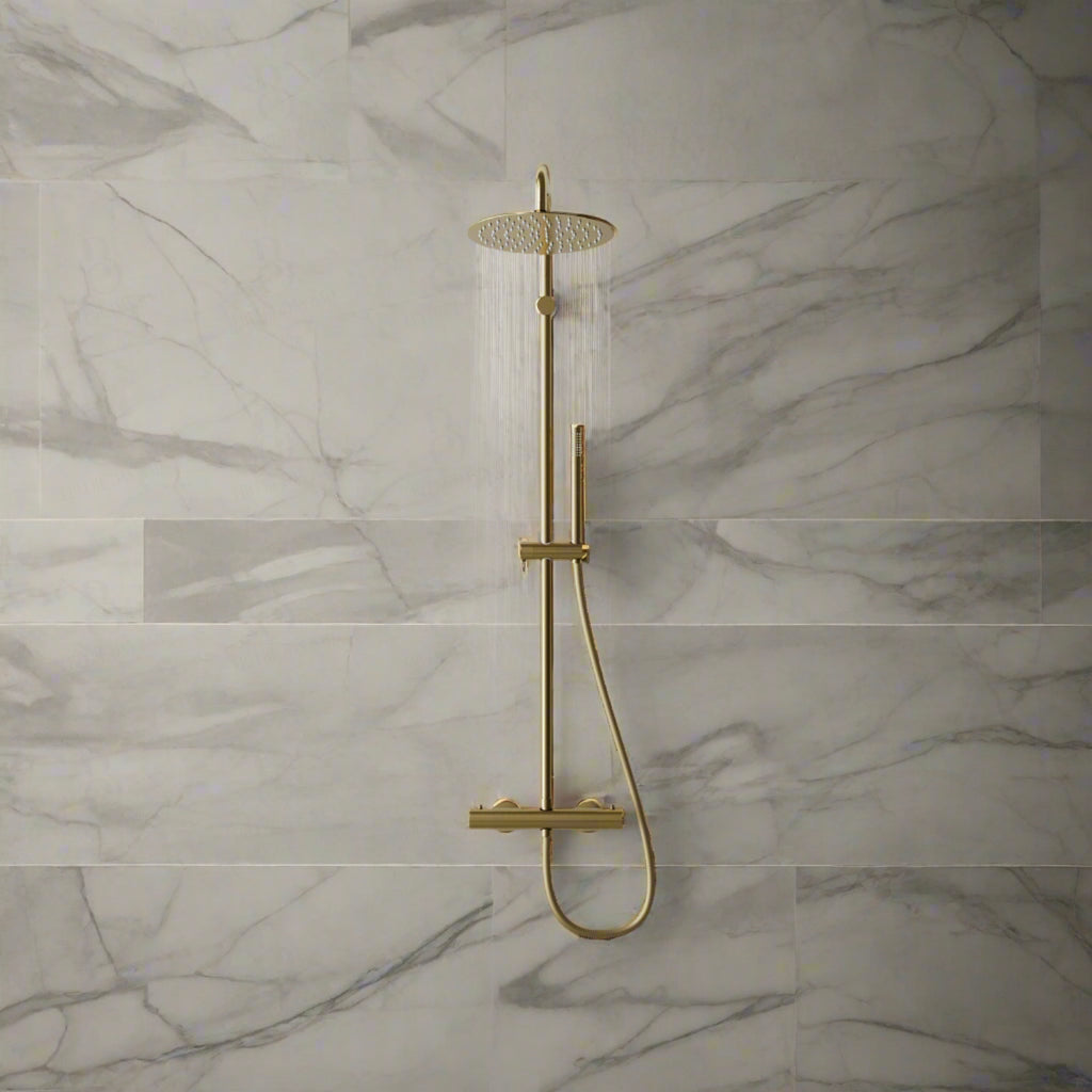 Steinberg Duschsystem - Brushed Gold - Serie 101 - mit Thermostat - Regenbrause rund und Stabhandbrause