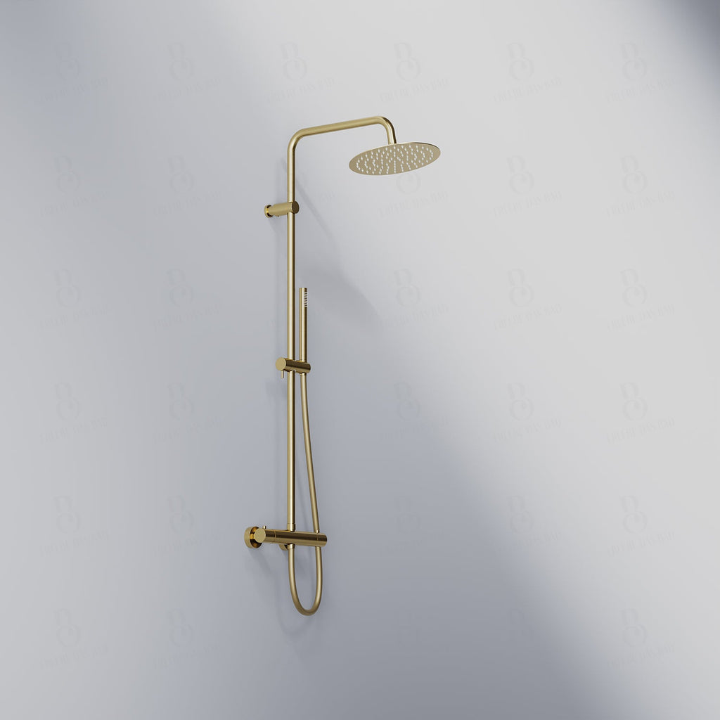 Steinberg Duschsystem - Brushed Gold - Serie 101 - mit Thermostat - Regenbrause rund und Stabhandbrause