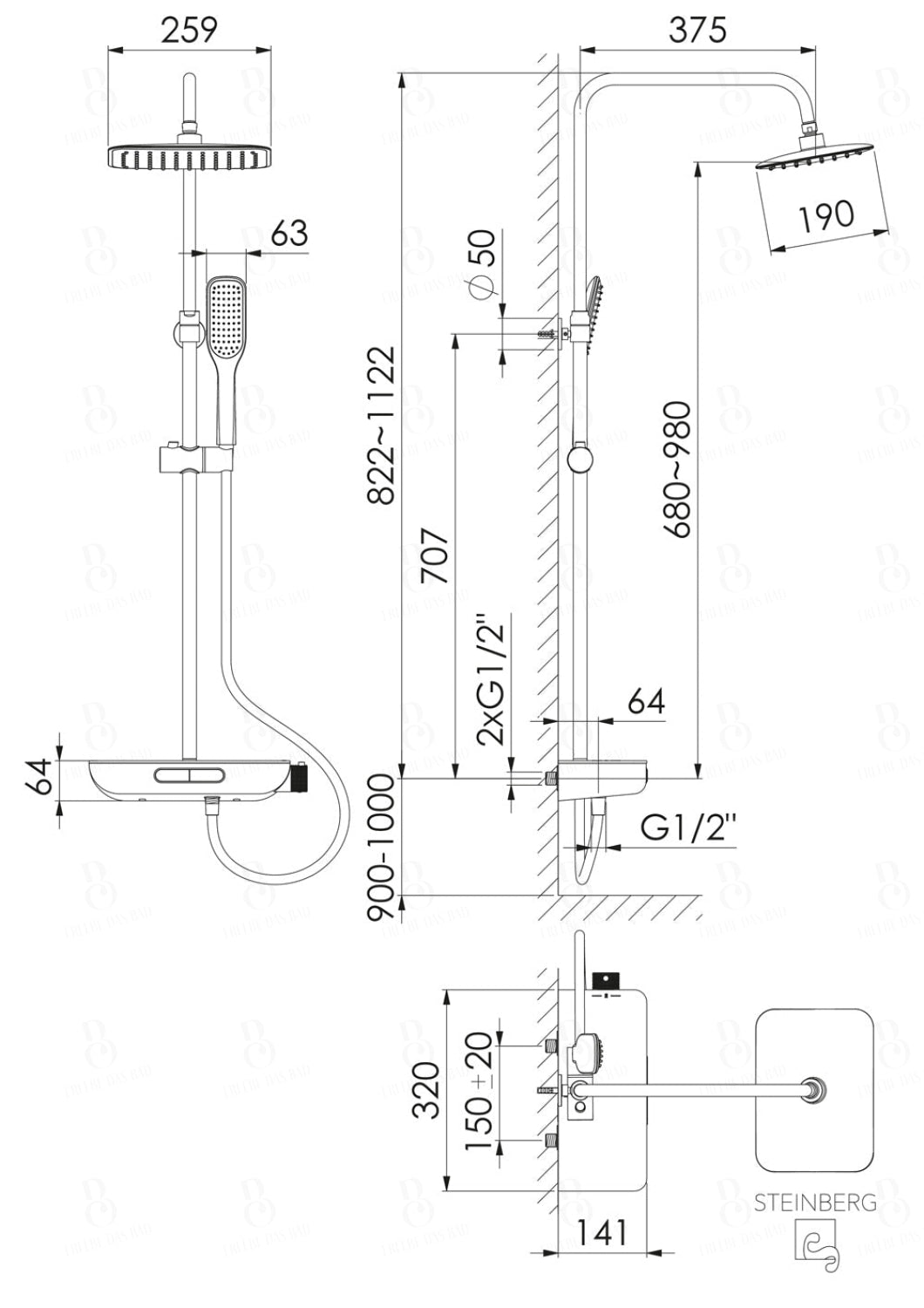 Steinberg Duschsystem - Schwarz Matt - mit Glasablage - Thermostat - Regenbrause - Stabhandbrause