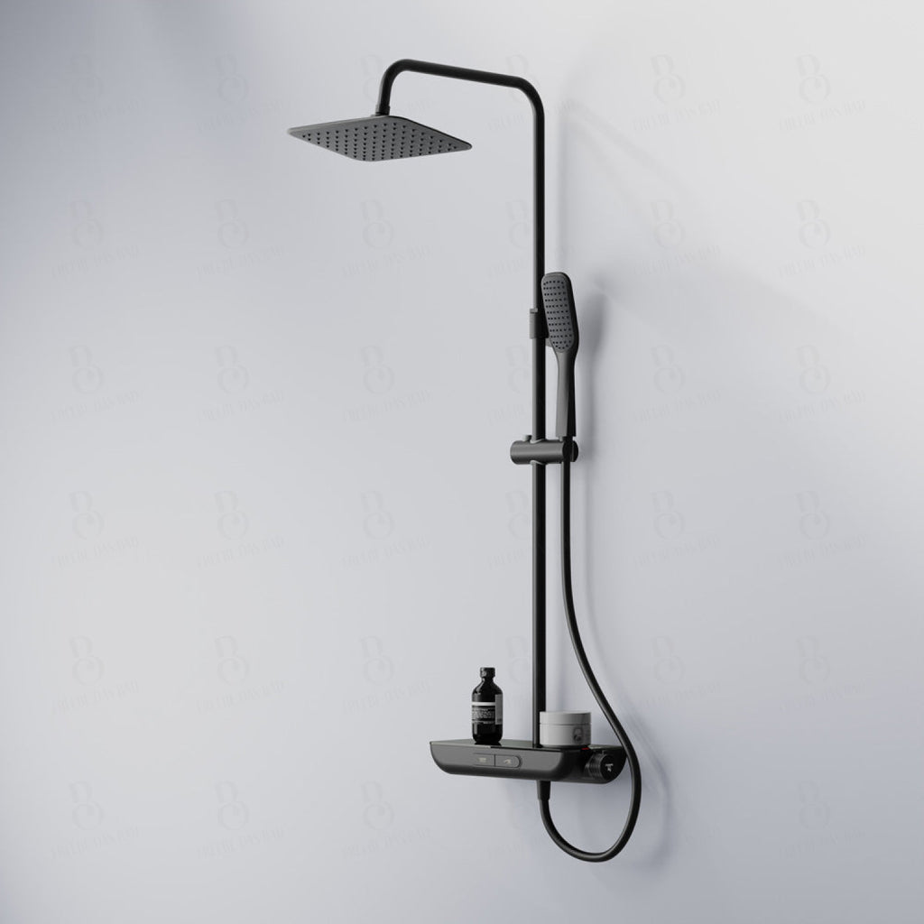 Steinberg Duschsystem - Schwarz Matt - mit Glasablage - Thermostat - Regenbrause - Stabhandbrause
