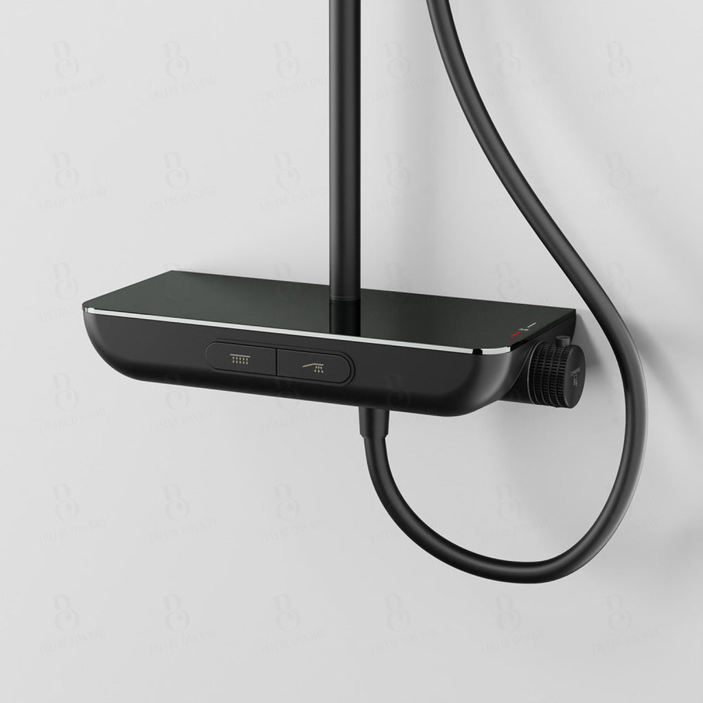 Steinberg Duschsystem - Schwarz Matt - mit Glasablage - Thermostat - Regenbrause - Stabhandbrause