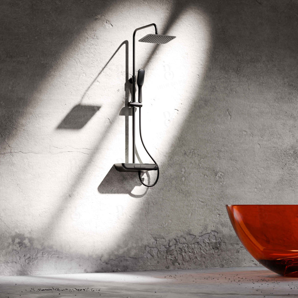 Steinberg Duschsystem - Schwarz Matt - mit Glasablage - Thermostat - Regenbrause - Stabhandbrause