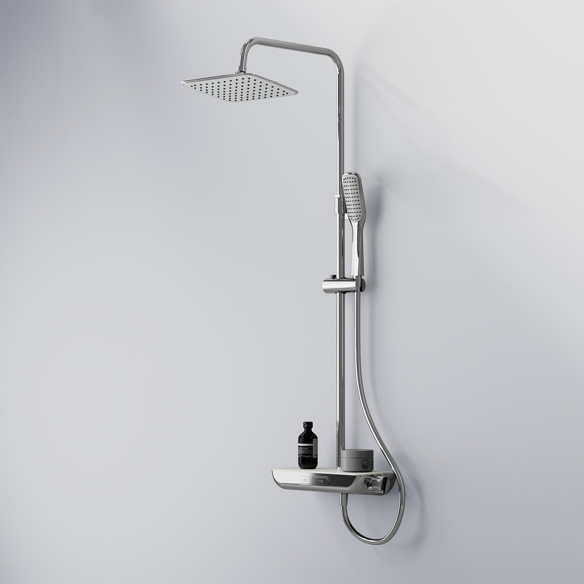 Steinberg Duschsystem - Schwarz Matt - mit Glasablage - Thermostat - Regenbrause - Stabhandbrause