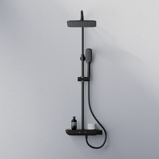 Steinberg Duschsystem - Schwarz Matt - mit Glasablage - Thermostat - Regenbrause - Stabhandbrause
