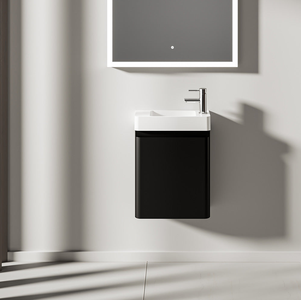 Kleines Handwaschbecken für Gäste WC mit Unterschrank – 45,7cm breit – aus Mineralguss – Treos Serie 920 - Schwarz Seidenmatt Lack