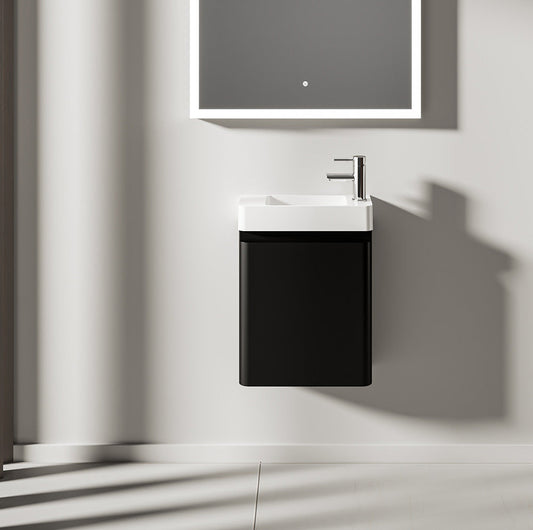 Kleines Handwaschbecken für Gäste WC mit Unterschrank – 45,7cm breit – aus Mineralguss – Treos Serie 920 - Schwarz Seidenmatt Lack