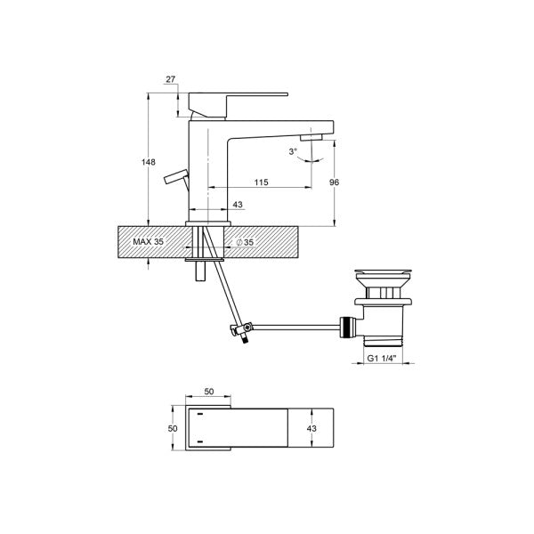 Treos Serie 176 Waschtischarmatur mit Ablaufgarnitur H:148 mm chrom