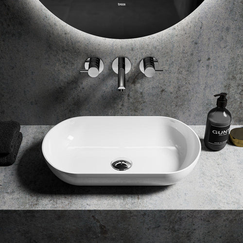 Aufsatzwaschbecken Oval in Weiß – 54,5cm breit – aus Mineralguss – Treos Serie 700