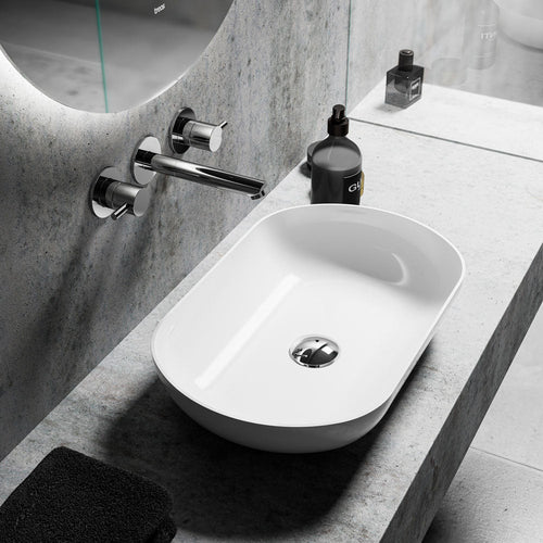 Aufsatzwaschbecken Oval in Weiß – 54,5cm breit – aus Mineralguss – Treos Serie 700