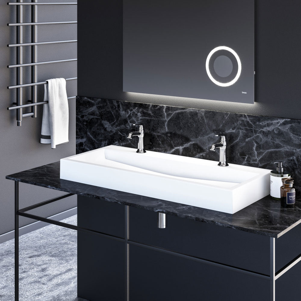 Doppelwaschtisch eckig - aus Mineralguss - Breite 100cm - Treos Serie 712 - weiß
