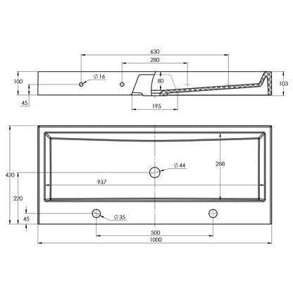 Doppelwaschtisch eckig - aus Mineralguss - Breite 100cm - Treos Serie 712 - weiß