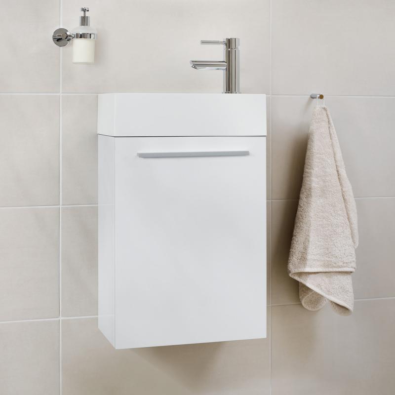 Gäste WC Waschbecken mit Unterschrank – 39,5cm breit – Becken aus Mineralguss – Treos Serie 900 - Weiß Lack