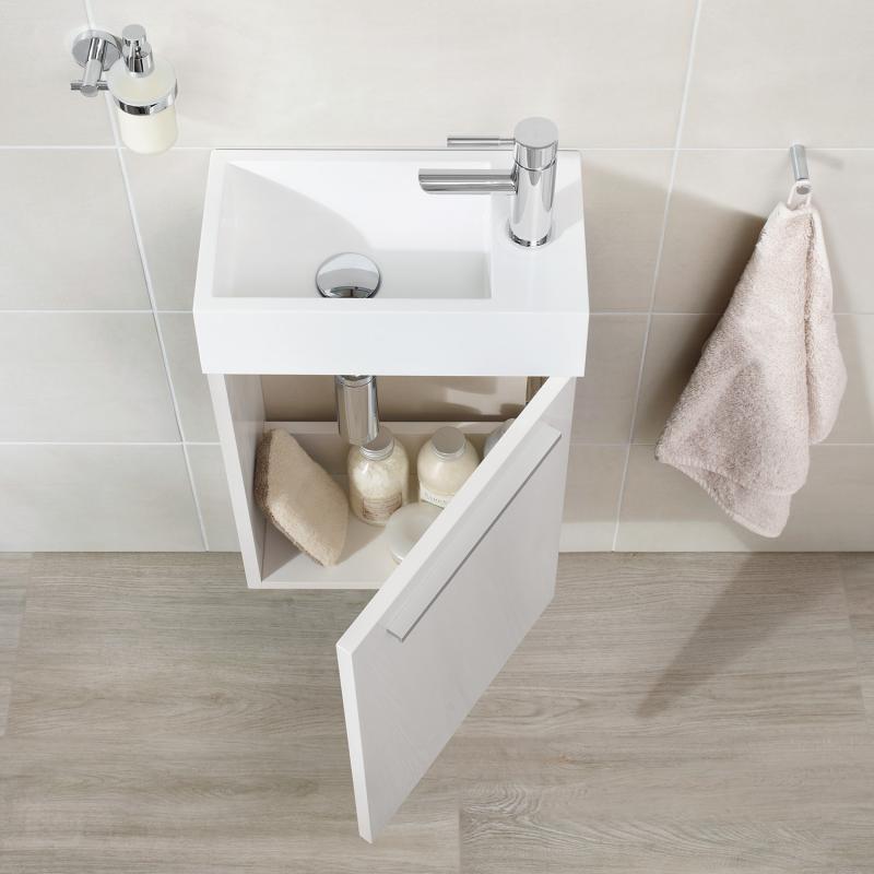 Gäste WC Waschbecken mit Unterschrank – 39,5cm breit – Becken aus Mineralguss – Treos Serie 900 - Weiß Lack