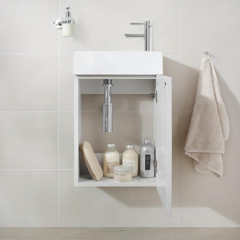 Gäste WC Waschbecken mit Unterschrank – 39,5cm breit – Becken aus Mineralguss – Treos Serie 900 - Weiß Lack