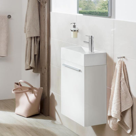 Gäste WC Waschbecken mit Unterschrank – 39,5cm breit – Becken aus Mineralguss – Treos Serie 900 - Weiß Lack